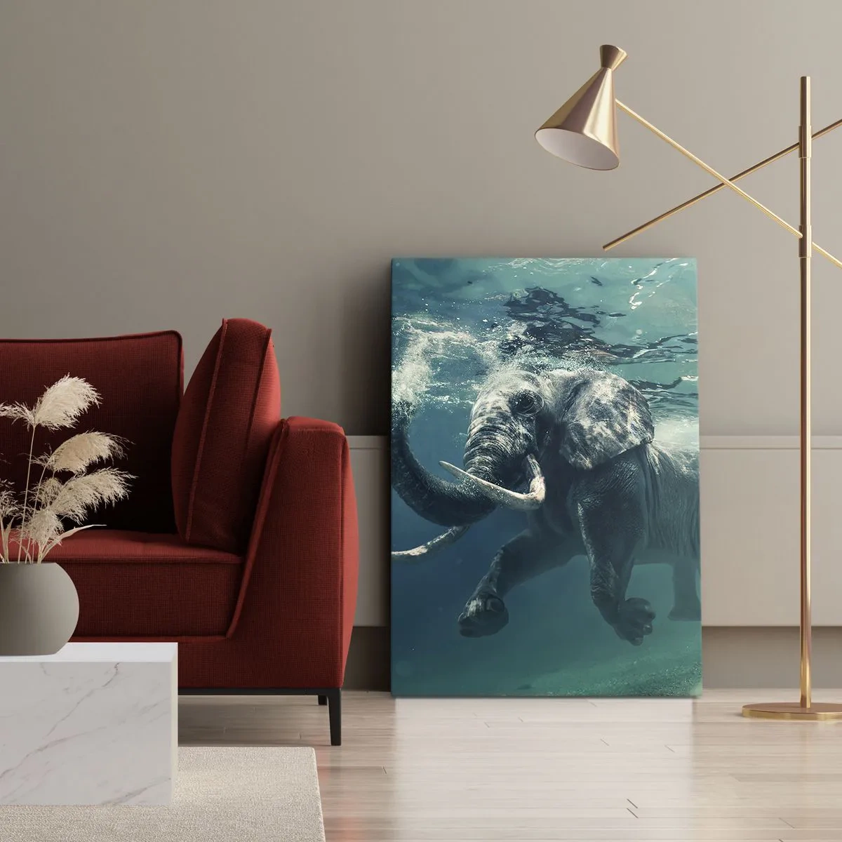 Cuadro sobre lienzo - Impresión de Imagen - Un elefante nadando bajo el agua en las profundidades turquesas. - 70x100cm - A todos nos gusta nadar - Decoración de pared moderna para salón y dormitorio ARTTOR