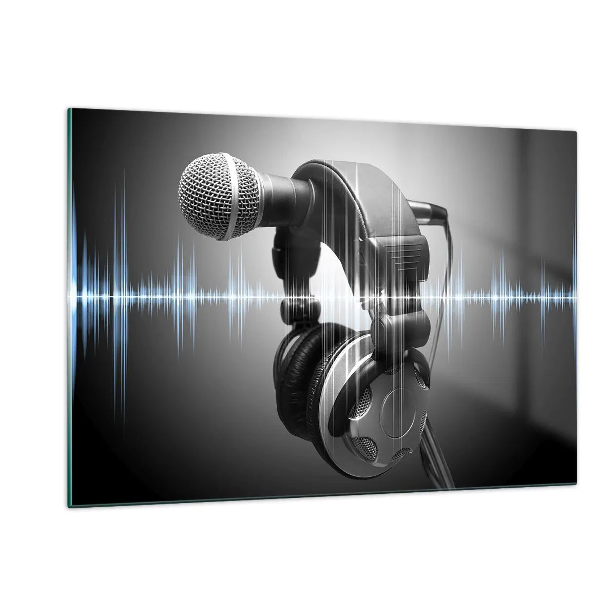 Cuadro sobre vidrio - Impresiones sobre Vidrio - Micrófono con auriculares sobre un fondo de ondas sonoras. - 120x80cm - Todavía se puede escuchar el canto - Decoración de pared moderna para salón y dormitorio ARTTOR