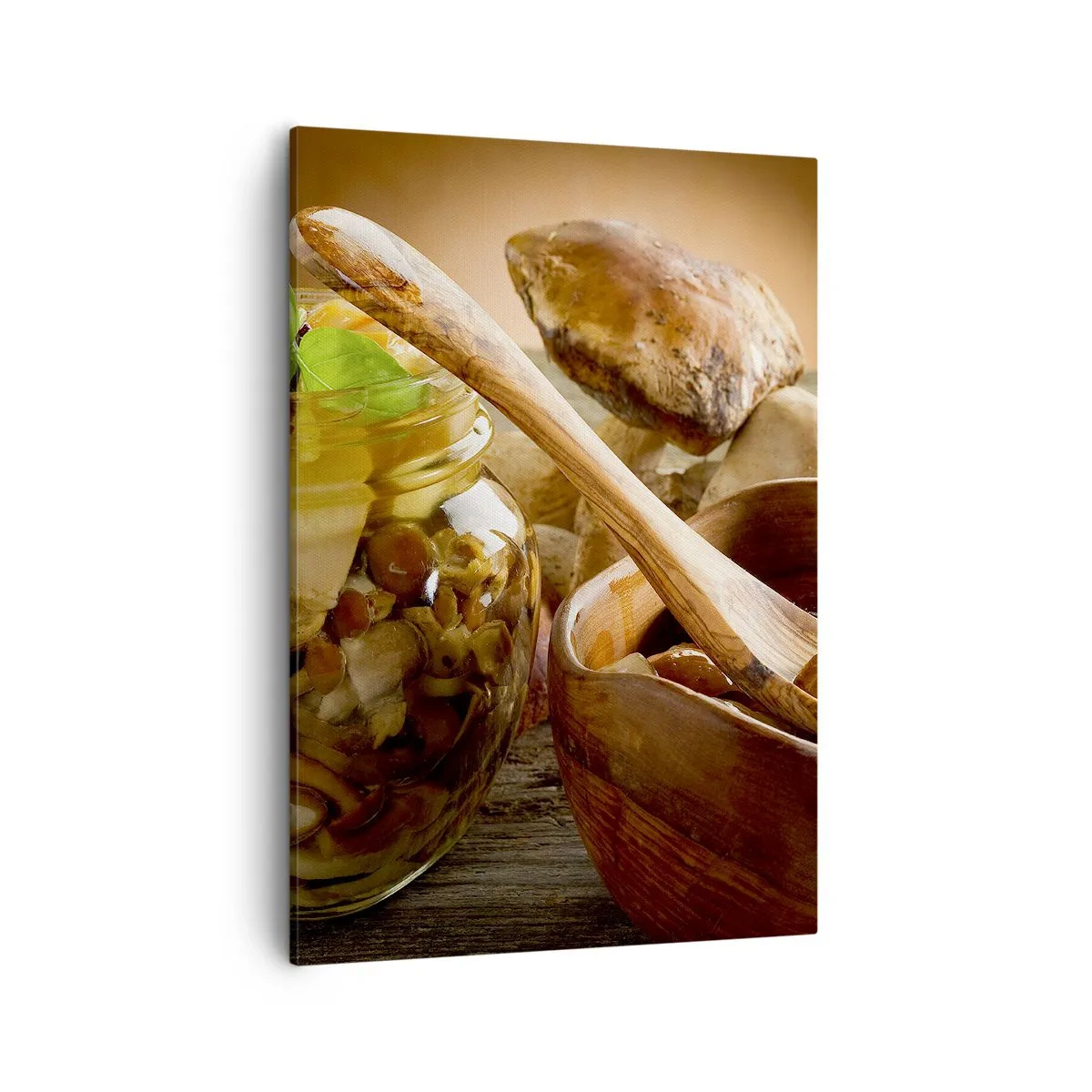 Cuadro sobre lienzo - Impresión de Imagen - Setas naturales en un tarro sobre una mesa rústica - 50x70cm - Ya sea fresco, o salado, o de temporada de otoño.... - Decoración de pared moderna para salón y dormitorio ARTTOR