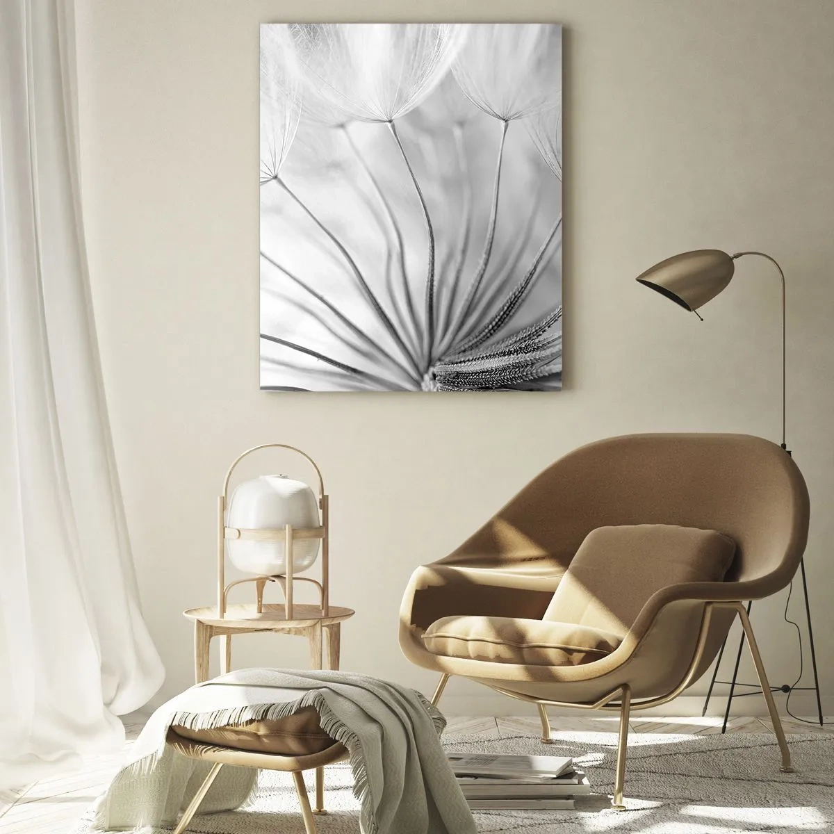Cuadro sobre vidrio - Impresiones sobre Vidrio - Delicados dientes de león en tonos blanco y negro. - 80x120cm - Caricias del viento - Decoración de pared moderna para salón y dormitorio ARTTOR