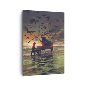 Cuadro sobre lienzo - Impresión de Imagen - Un piano en la orilla del mar al atardecer con pájaros. - 50x70cm - Concierto de piano y olas - Decoración de pared moderna para salón y dormitorio ARTTOR