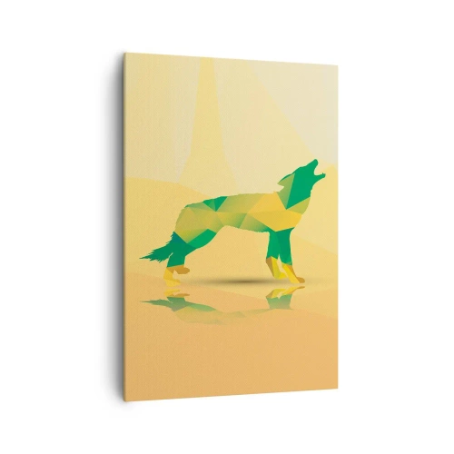 Cuadro sobre lienzo - Impresión de Imagen - Silueta geométrica de lobo en tonos verdes y amarillos. - 70x100cm - Lobo solitario - Decoración de pared moderna para salón y dormitorio ARTTOR