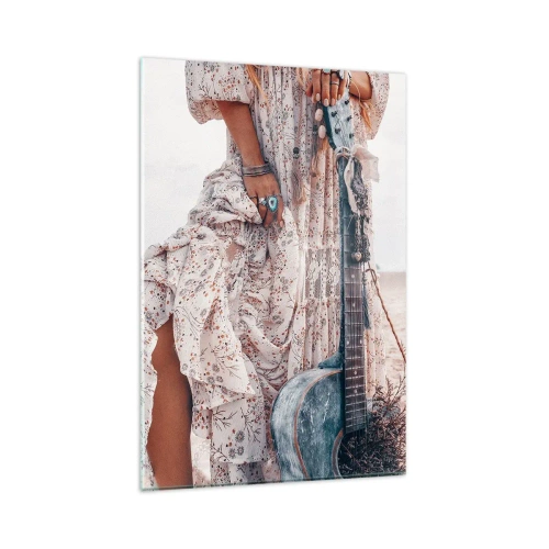 Cuadro sobre vidrio - Impresiones sobre Vidrio - Mujer de estilo boho con guitarra en la playa - 80x120cm - Una flor en el camino - Decoración de pared moderna para salón y dormitorio ARTTOR
