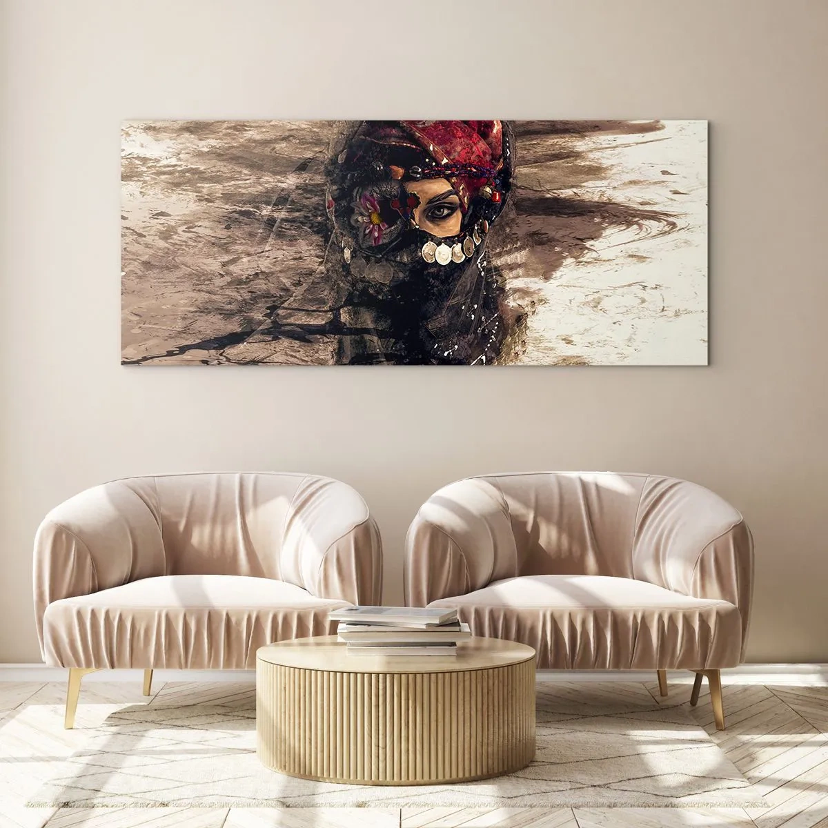 Cuadro sobre vidrio - Impresiones sobre Vidrio - Retrato artístico de una mujer con atuendo oriental sobre un fondo abstracto. - 120x50cm - Inquietante, como mínimo - Decoración de pared moderna para salón y dormitorio ARTTOR