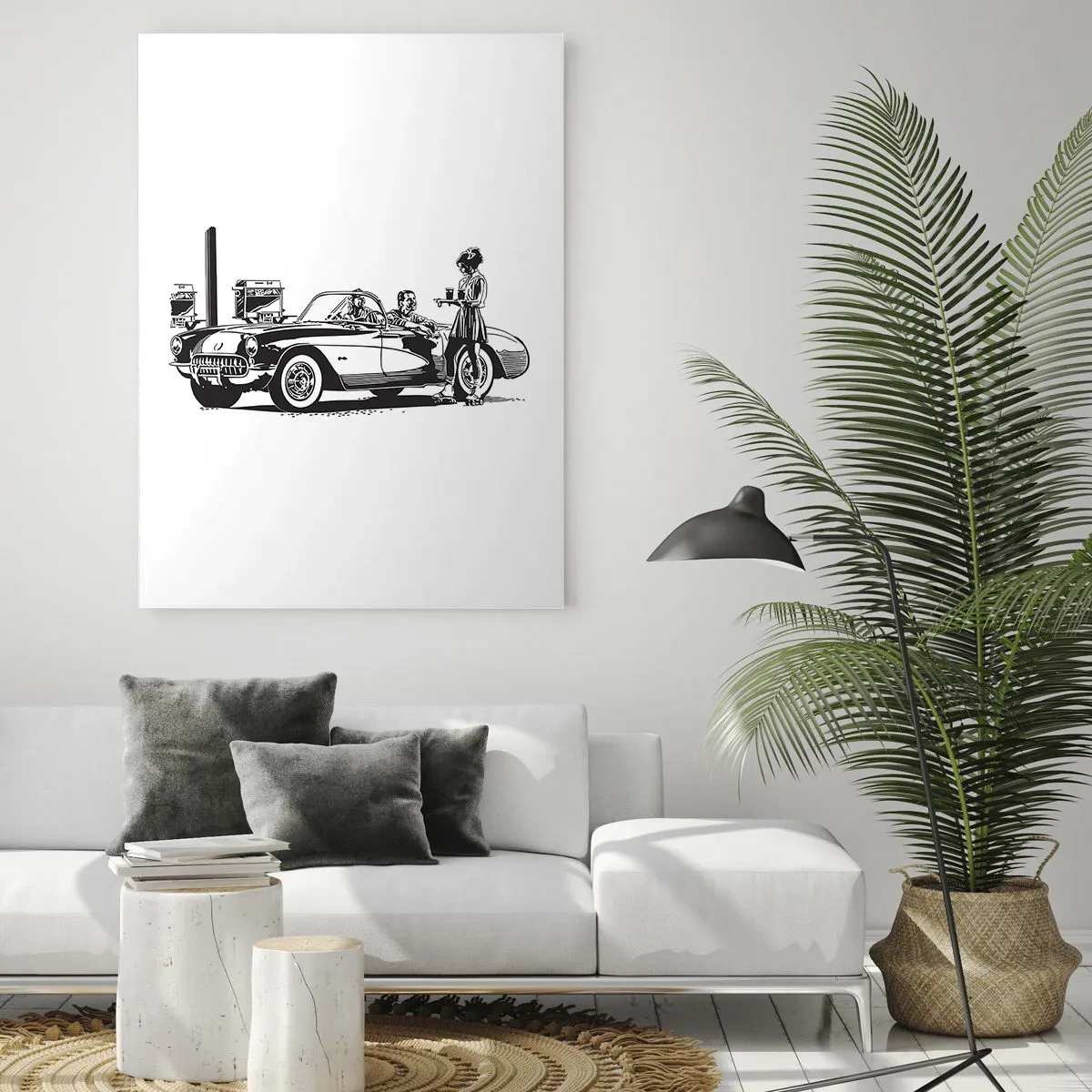 Cuadro sobre vidrio - Impresiones sobre Vidrio - Una escena retro en blanco y negro con un coche y una camarera en patines. - 80x120cm - Años 60 - la América despreocupada - Decoración de pared moderna para salón y dormitorio ARTTOR