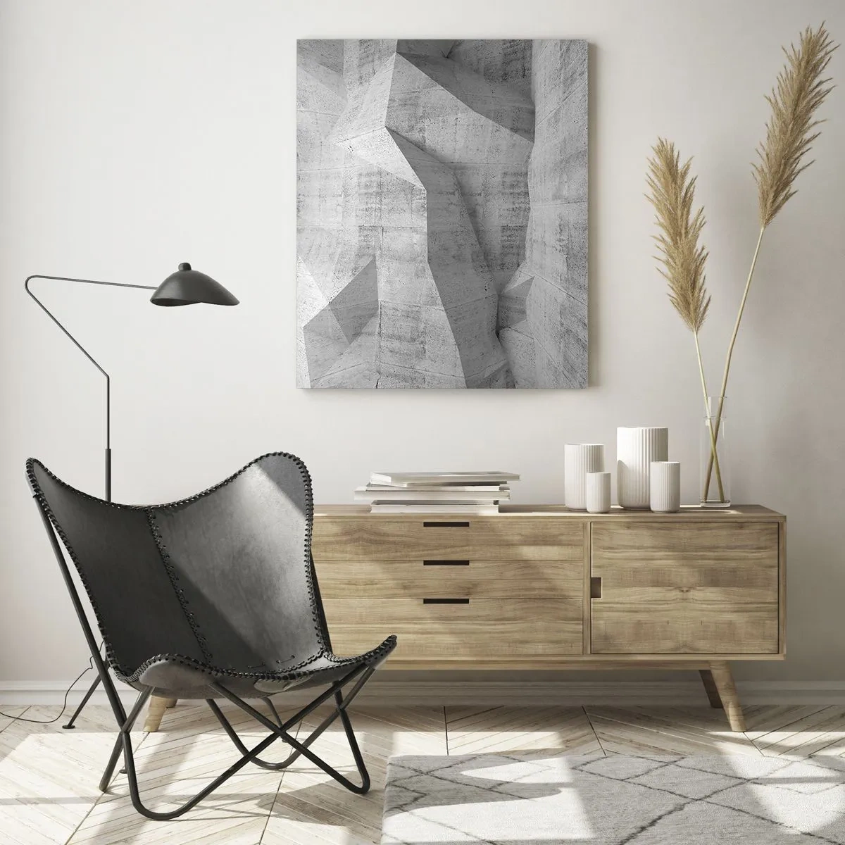 Cuadro sobre vidrio - Impresiones sobre Vidrio - Estructura geométrica de hormigón en tonos grises. - 50x70cm - Un verdadero desafío - Decoración de pared moderna para salón y dormitorio ARTTOR