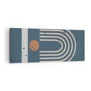 Cuadro sobre lienzo - Impresión de Imagen - Patrón geométrico en tonos azul marino, beige y naranja sobre un fondo oscuro. - 120x50cm - Geometría sobre azul marino - Decoración de pared moderna para salón y dormitorio ARTTOR