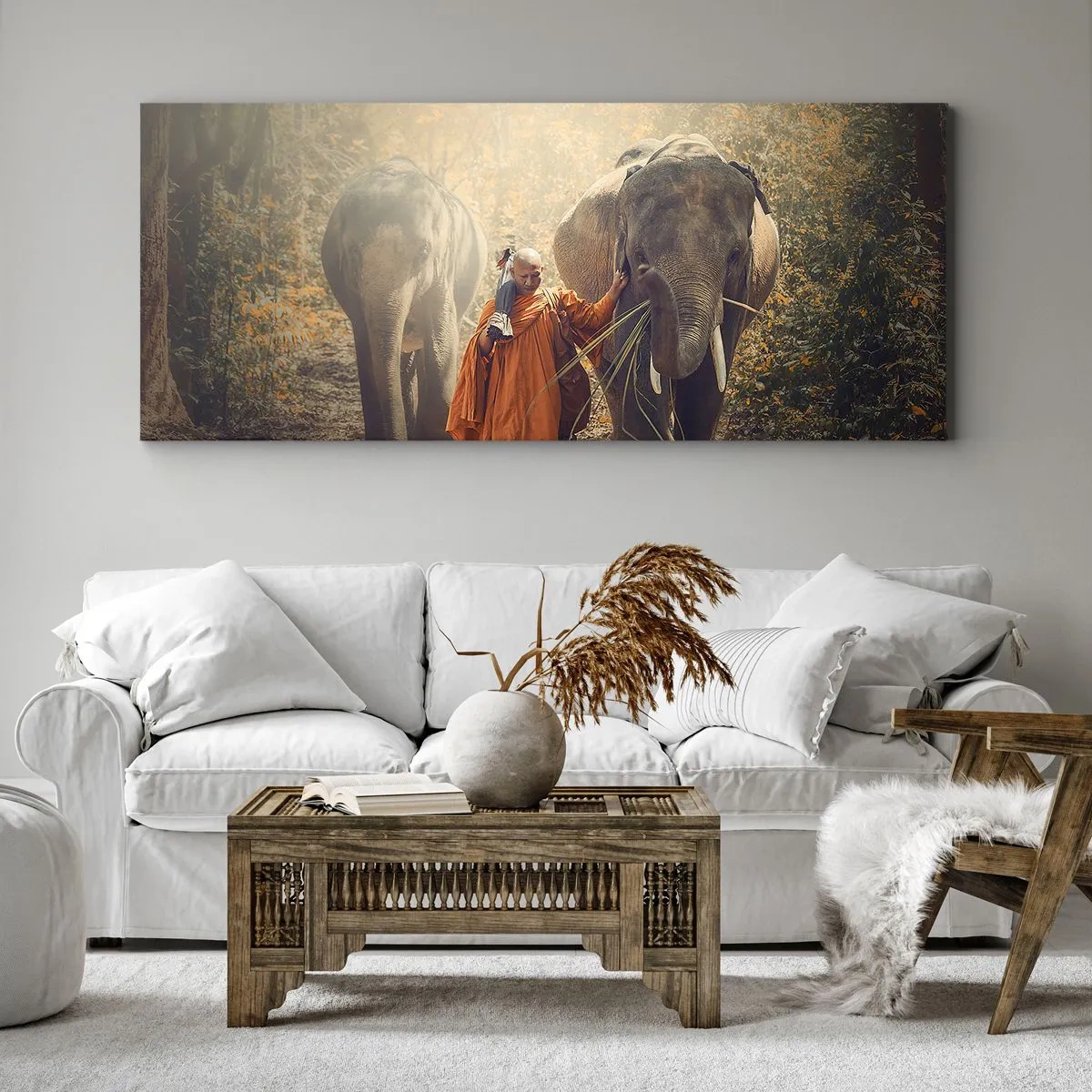 Cuadro sobre lienzo - Impresión de Imagen - Un monje con una túnica naranja guía un elefante en el bosque. - 160x50cm - Comprensión total - Decoración de pared moderna para salón y dormitorio ARTTOR