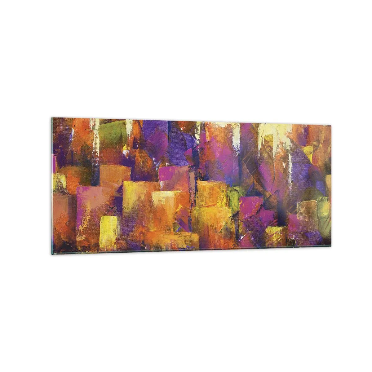 Cuadro sobre vidrio - Impresiones sobre Vidrio - Composición abstracta de una metrópolis en tonos amarillos y morados. - 120x50cm - Composición metropolitana - Decoración de pared moderna para salón y dormitorio ARTTOR