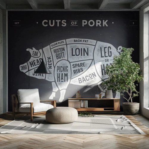 Fotomural Premium Sand - Manual del carnicero - Gastronomía, animales cerdo, Cerdo - 350x256 cm