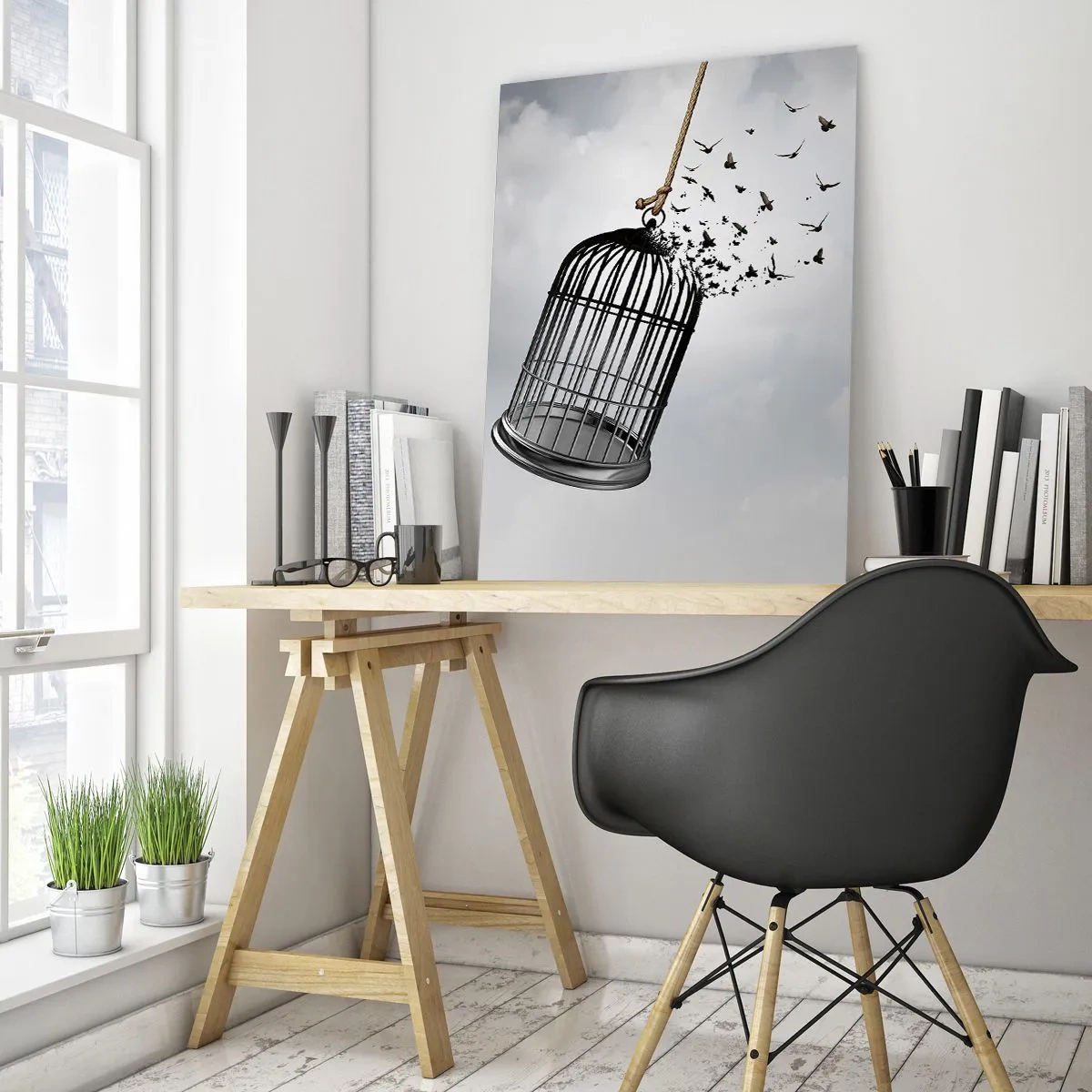 Cuadro sobre vidrio - Impresiones sobre Vidrio - Pájaros volando desde una jaula contra el cielo. - 80x120cm - Fe... Esperanza... ¡Libertad! - Decoración de pared moderna para salón y dormitorio ARTTOR
