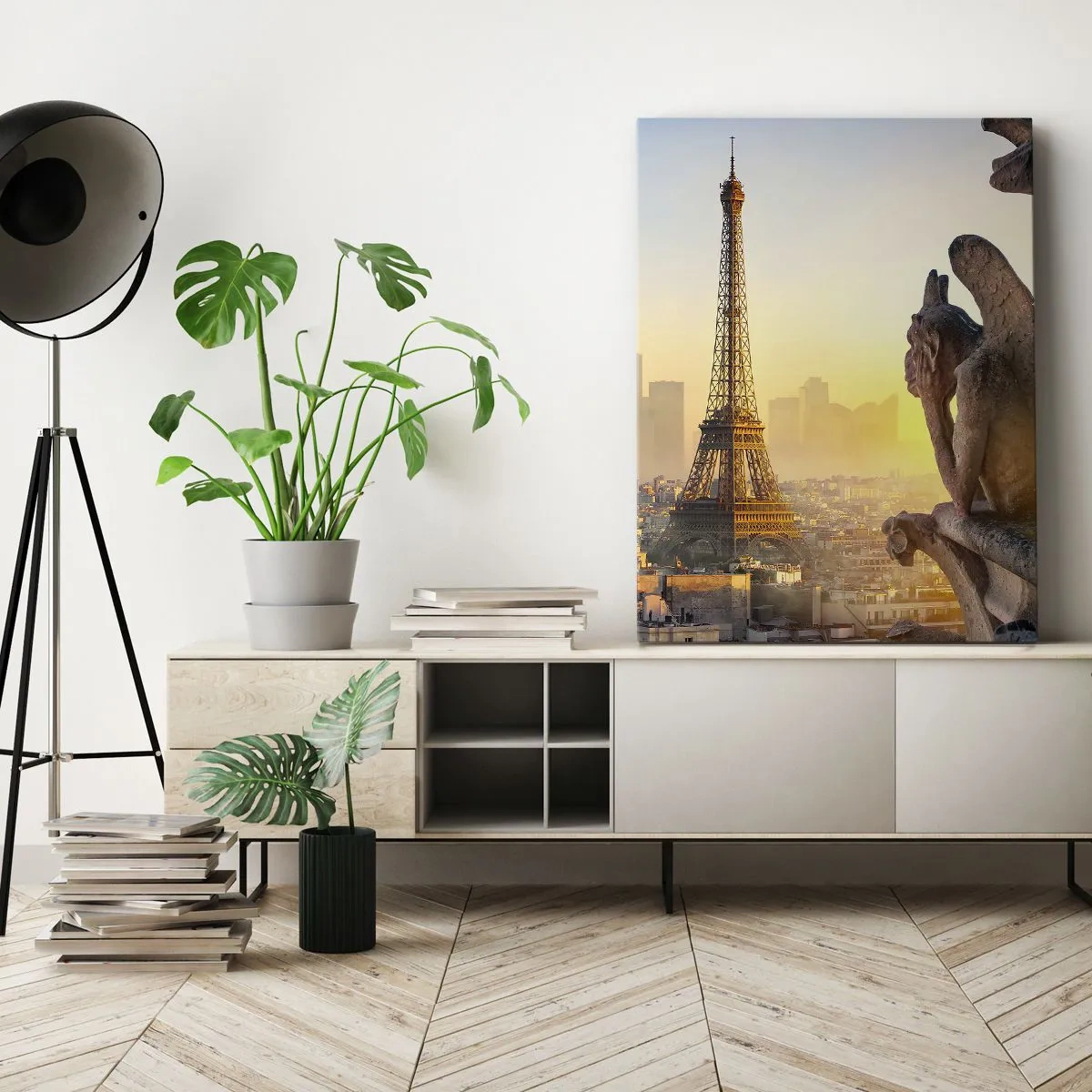Cuadro sobre lienzo - Impresión de Imagen - Vista de la Torre Eiffel con gárgolas al fondo - 50x70cm - Ha cambiado tanto la ciudad... - Decoración de pared moderna para salón y dormitorio ARTTOR