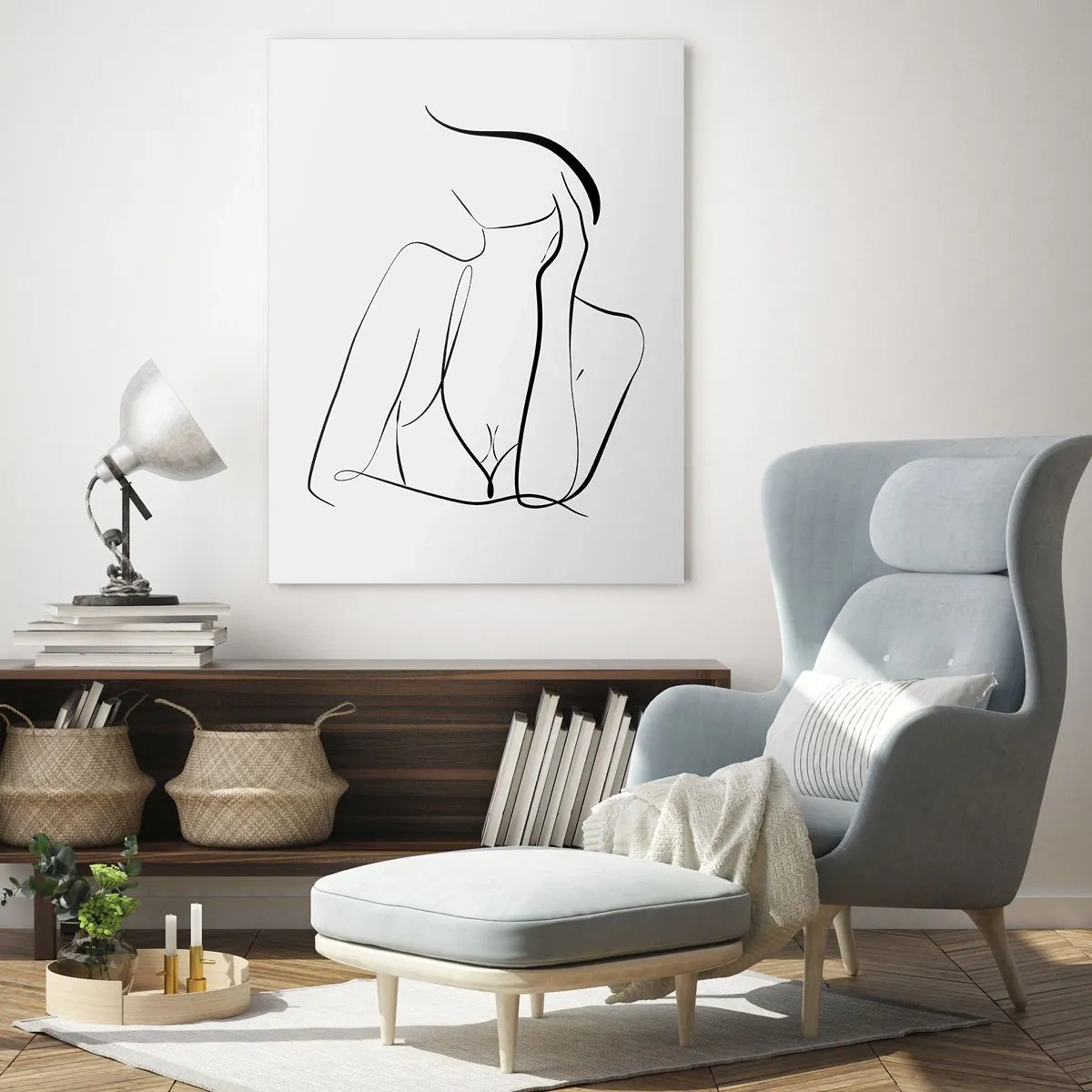 Cuadro sobre vidrio - Impresiones sobre Vidrio - Una línea simple que muestra el contorno del cuerpo en tonos de blanco y negro. - 50x70cm - En la ola de sueños - Decoración de pared moderna para salón y dormitorio ARTTOR