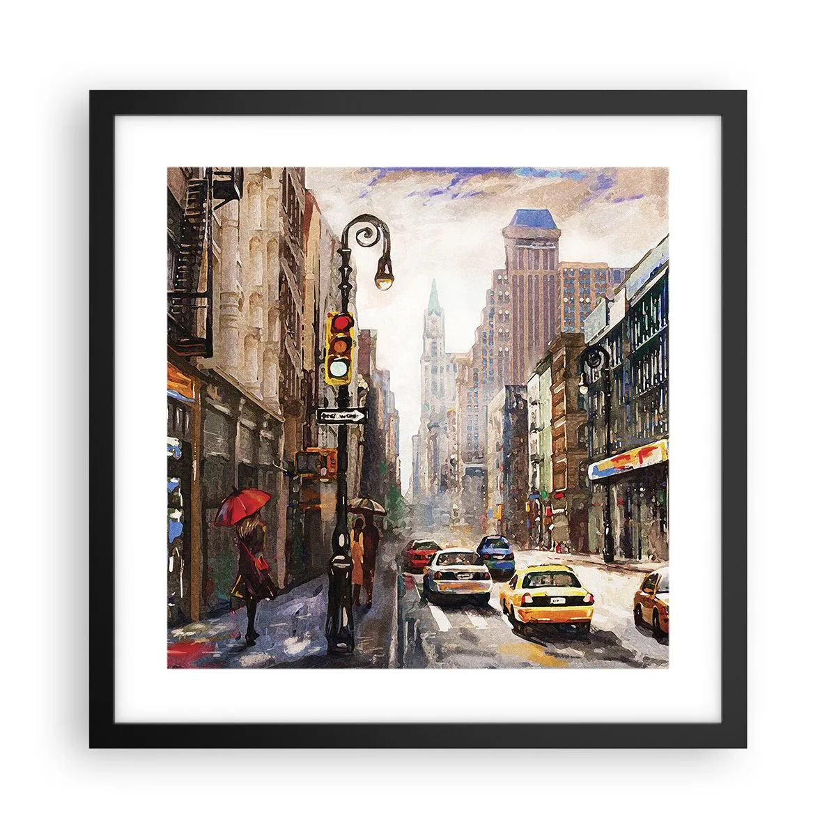 Póster en marco negro - Nueva York - también colorida bajo la lluvia - 40x40 cm
