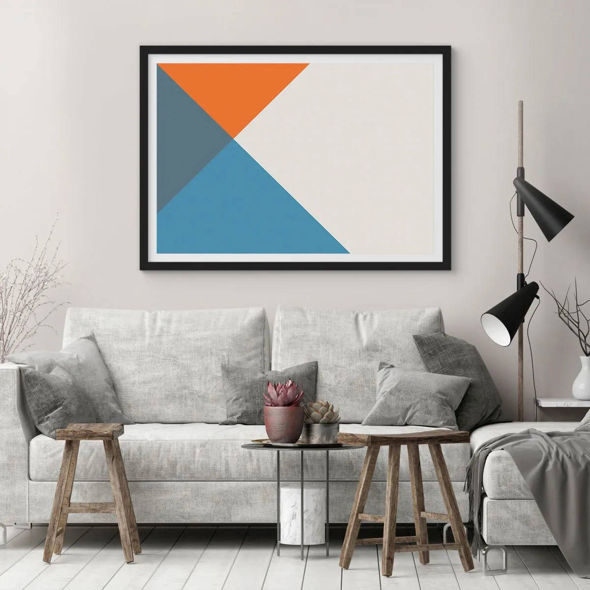 Póster en marco negro - Triángulos geométricos en tonos azules y naranjas. - 100x70cm - Desde el punto de vista de... - Decoración de pared moderna para salón y dormitorio ARTTOR