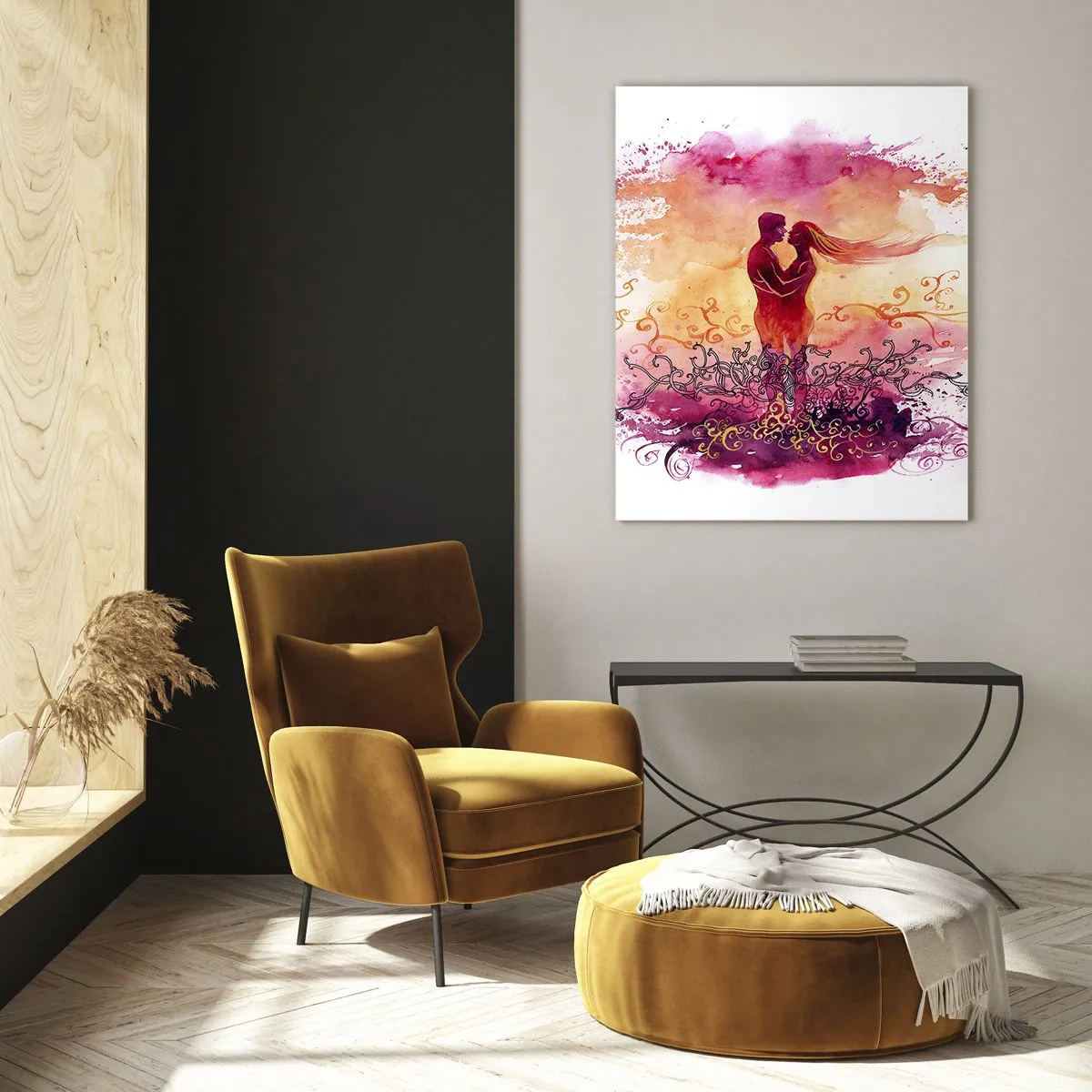 Cuadro sobre vidrio - Impresiones sobre Vidrio - Una pareja abrazándose sobre un patrón abstracto rosa y naranja. - 70x100cm - ¡Un solo corazón! Necesito tan poco para ser feliz… - Decoración de pared moderna para salón y dormitorio ARTTOR