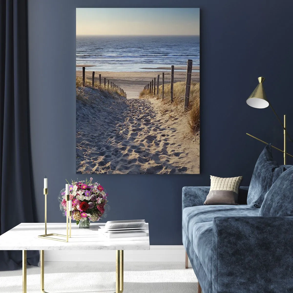 Cuadro sobre vidrio - Impresiones sobre Vidrio - Un camino a través de las dunas que conduce a una playa con un mar en calma. - 50x70cm - El sonido del mar, el canto de los pájaros, una playa virgen entre las dunas... - Decoración de pared moderna para sa