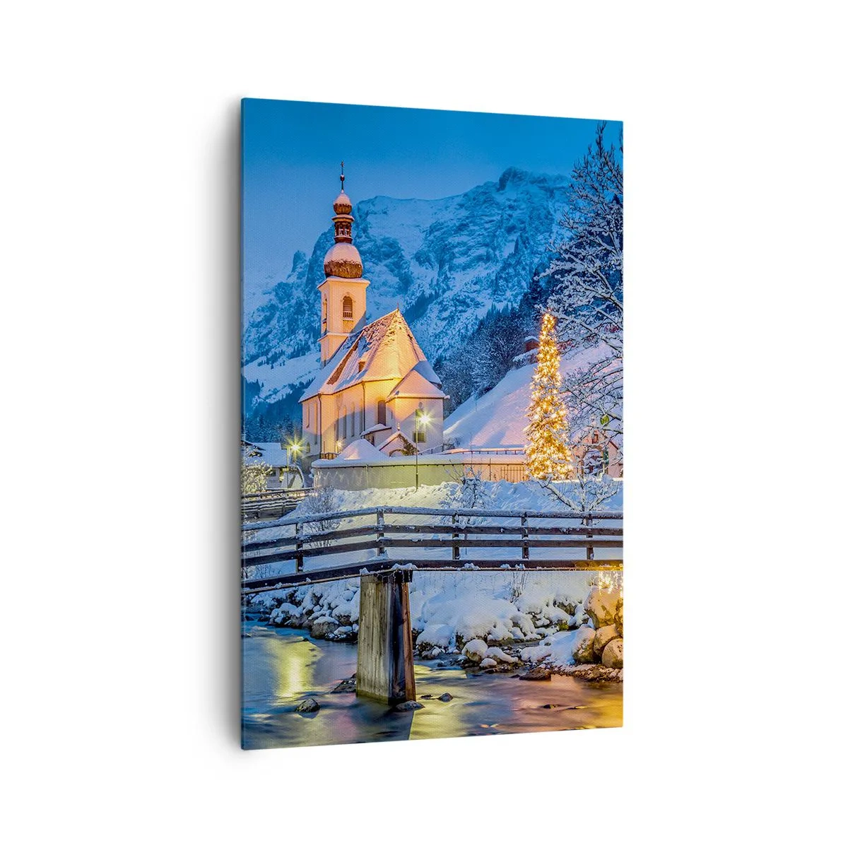 Cuadro sobre lienzo - Impresión de Imagen - Paisaje invernal con una iglesia, un puente y montañas al atardecer - 80x120cm - El espíritu de la Navidad - Decoración de pared moderna para salón y dormitorio ARTTOR