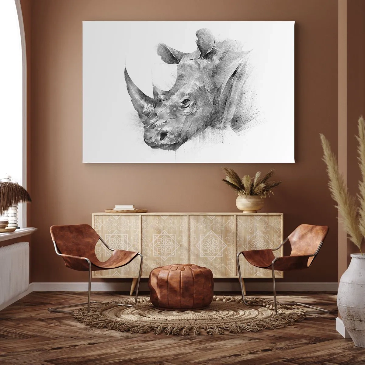 Cuadro sobre lienzo - Impresión de Imagen - Retrato artístico de un rinoceronte en blanco y negro. - 70x50cm - Retrato africano - Decoración de pared moderna para salón y dormitorio ARTTOR