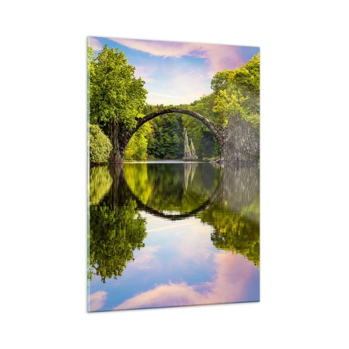 Cuadro sobre vidrio - Impresiones sobre Vidrio - Un puente de piedra reflejado en la tranquila superficie del lago. - 50x70cm - En el punto de encuentro de dos mundos - Decoración de pared moderna para salón y dormitorio ARTTOR