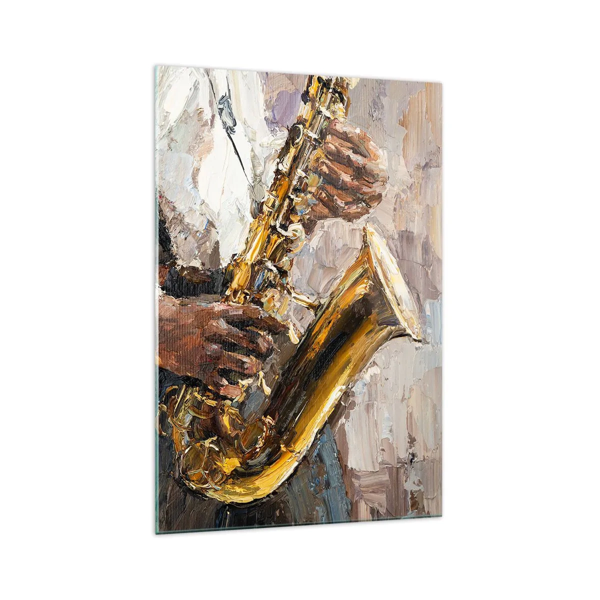 Cuadro sobre vidrio - Impresiones sobre Vidrio - Un músico tocando el saxofón con un estilo artístico. - 70x100cm - Llegó el momento del solo - Decoración de pared moderna para salón y dormitorio ARTTOR