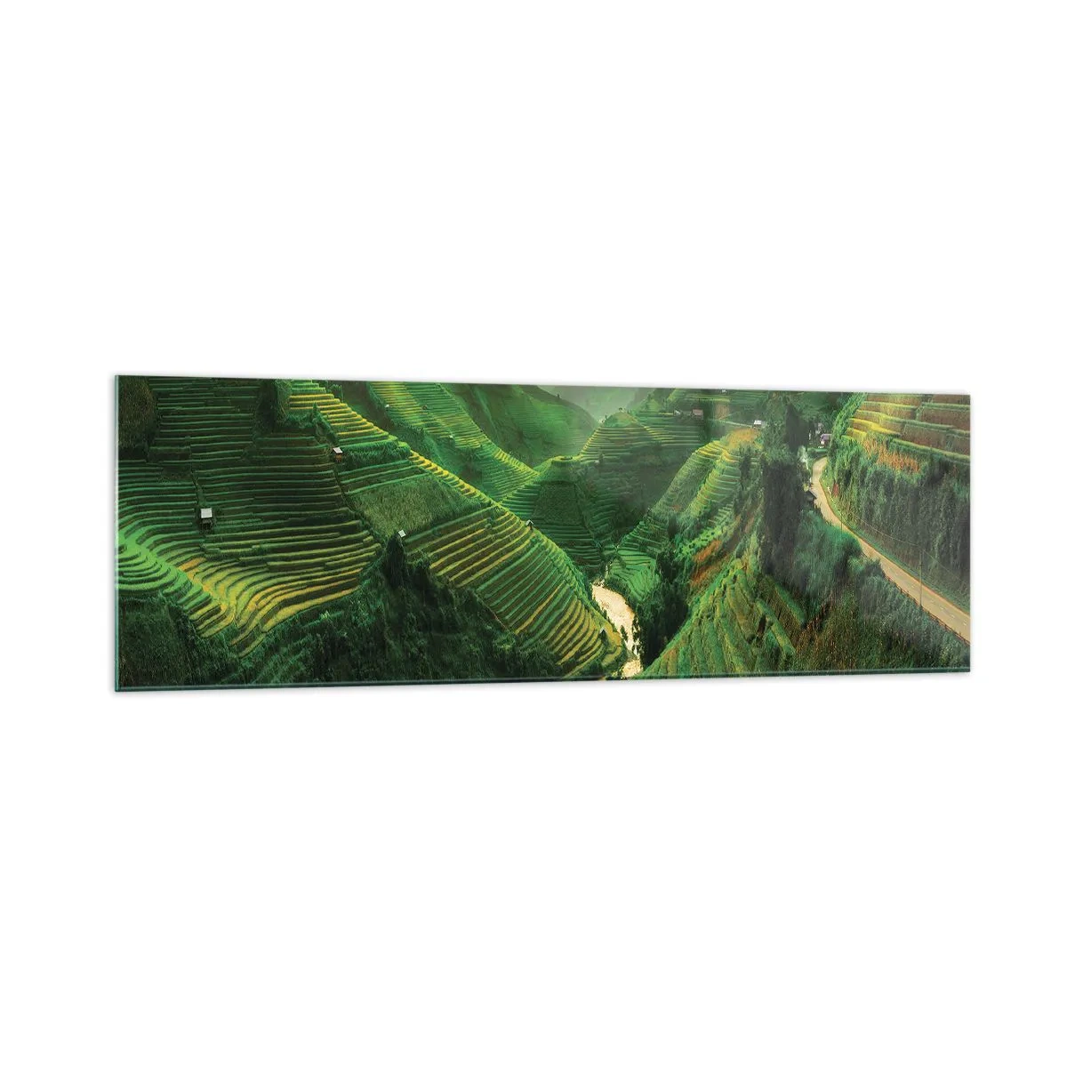 Cuadro sobre vidrio - Impresiones sobre Vidrio - Pintorescas terrazas de arroz en un valle verde iluminado por el sol poniente - 160x50cm - Valle vietnamita - Decoración de pared moderna para salón y dormitorio ARTTOR