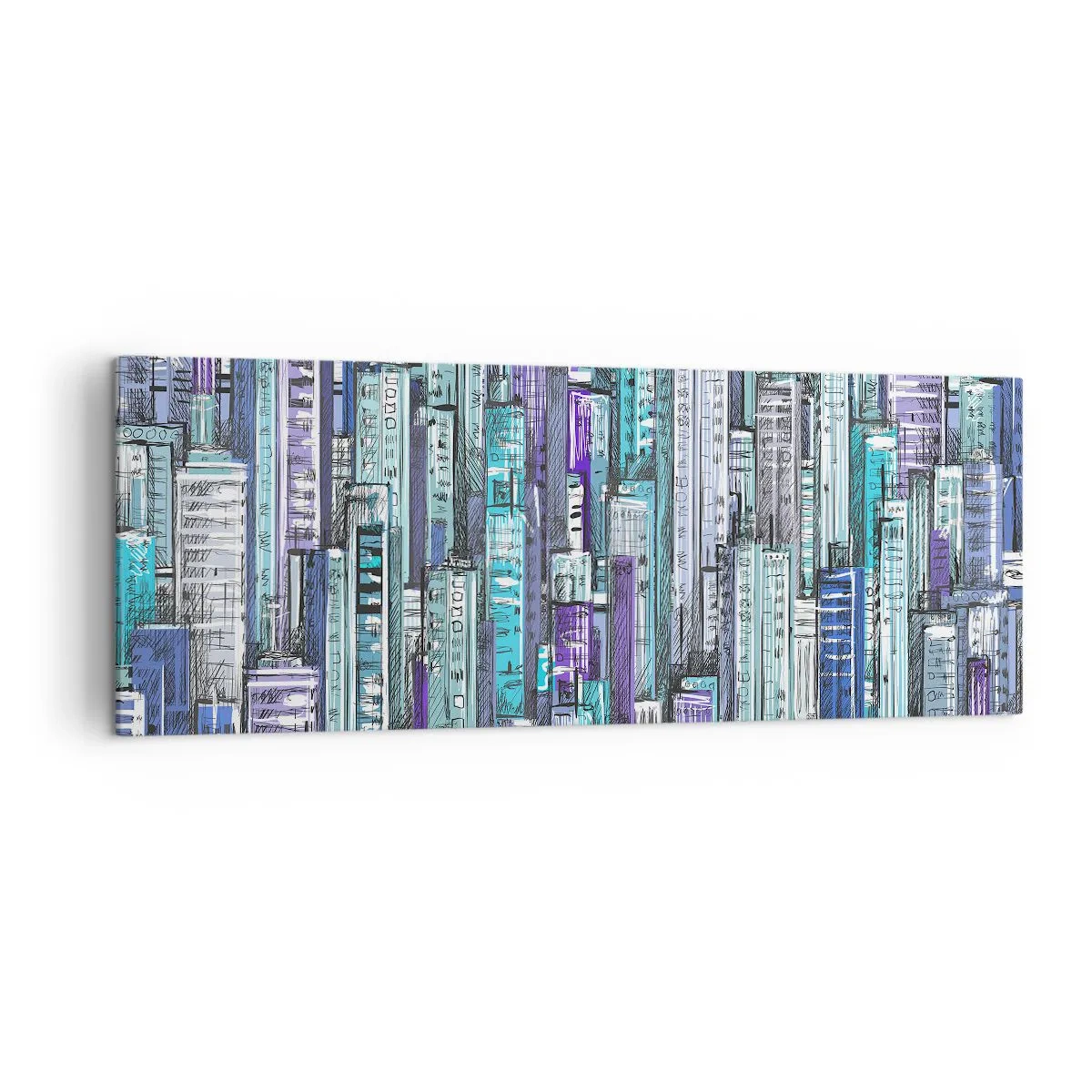 Cuadro sobre lienzo - Impresión de Imagen - Ilustración de una ciudad con edificios geométricos en tonos azules y morados. - 140x50cm - Azul del cielo - Decoración de pared moderna para salón y dormitorio ARTTOR