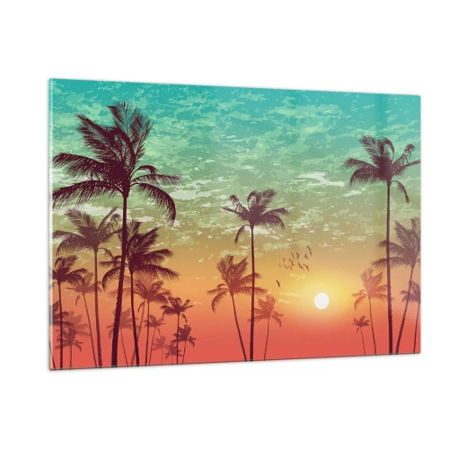 Cuadro sobre vidrio - Impresiones sobre Vidrio - Ilustración de palmeras al atardecer - 120x80cm - Ambientes tropicales - Decoración de pared moderna para salón y dormitorio ARTTOR