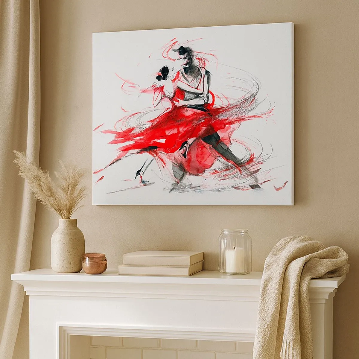 Cuadro sobre lienzo - Impresión de Imagen - Bailarines en un baile dinámico con acentos rojos. - 70x50cm - El tango: el ritmo de la pasión - Decoración de pared moderna para salón y dormitorio ARTTOR