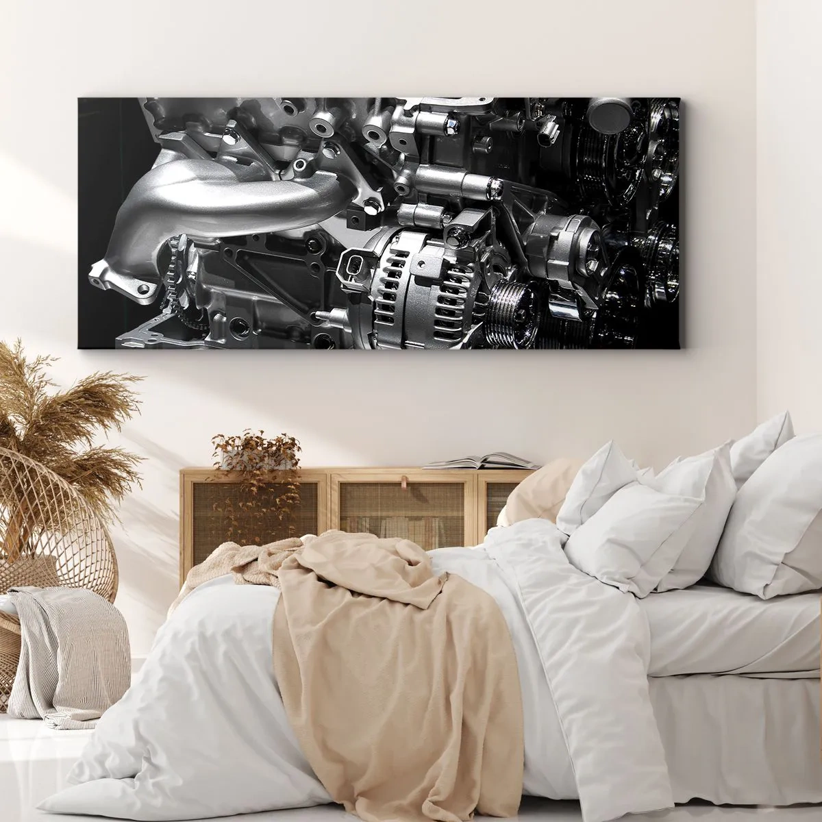 Cuadro sobre lienzo - Impresión de Imagen - Primer plano de piezas metálicas del motor sobre un fondo negro - 120x50cm - Acero, hermoso, fuerte - Decoración de pared moderna para salón y dormitorio ARTTOR