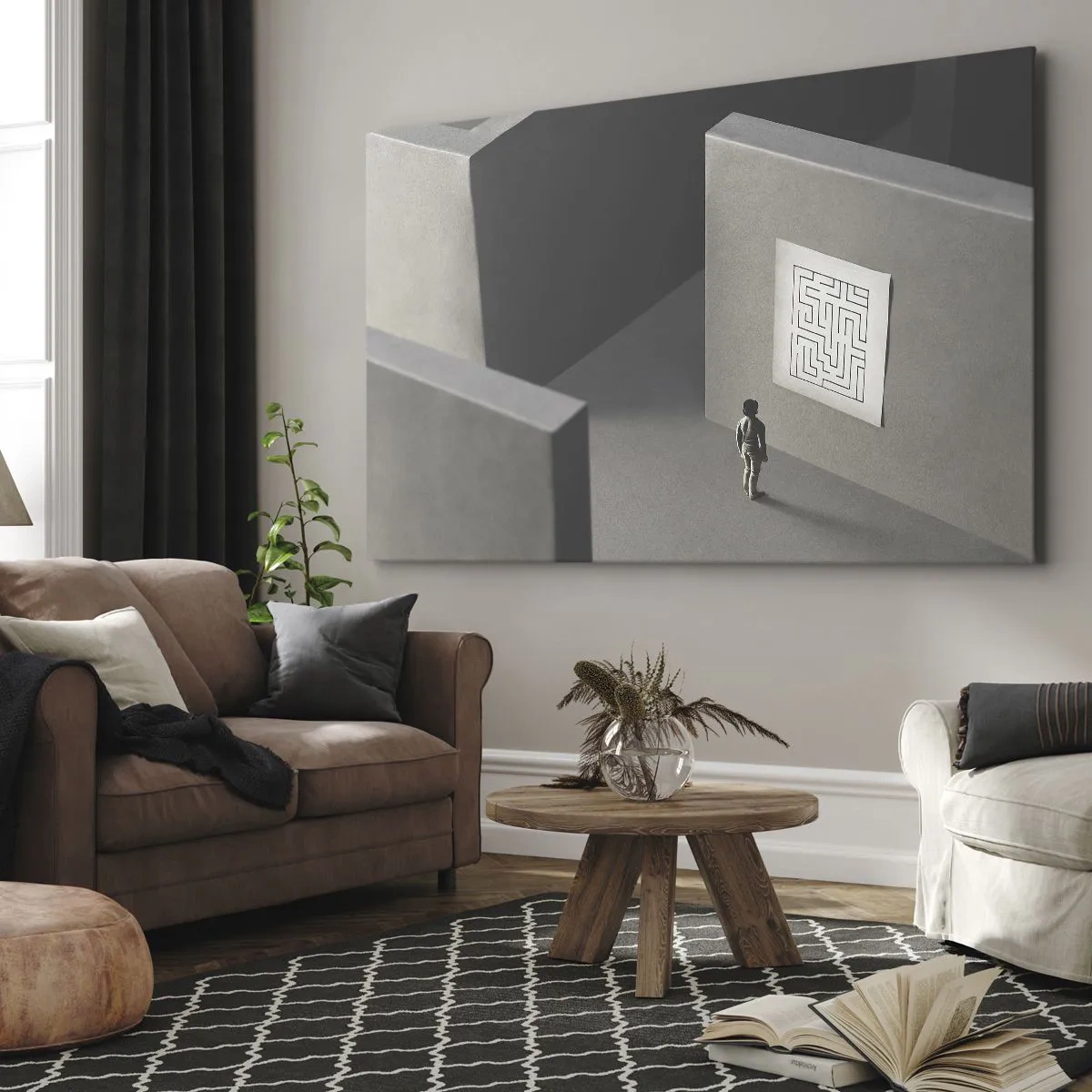 Cuadro sobre lienzo - Impresión de Imagen - Una figura en un laberinto mirando un mapa colgado. - 70x50cm - ¿Pero dónde estoy? - Decoración de pared moderna para salón y dormitorio ARTTOR
