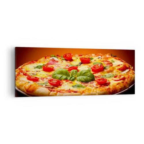 Cuadro sobre lienzo - Impresión de Imagen - Pizza con tomates y albahaca sobre una mesa de madera. - 140x50cm - ¡Mamma mia! - Decoración de pared moderna para salón y dormitorio ARTTOR
