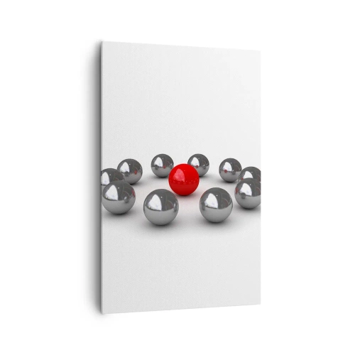 Cuadro sobre lienzo - Impresión de Imagen - Una bola roja rodeada de bolas plateadas sobre un fondo blanco. - 80x120cm - Círculo en plata y rojo - Decoración de pared moderna para salón y dormitorio ARTTOR