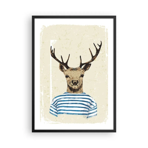 Póster en marco negro - Gráfico de un ciervo con ropa de marinero. - 50x70cm - Porque me gustan las camisas de rayas - Decoración de pared moderna para salón y dormitorio ARTTOR
