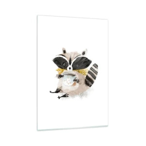 Cuadro sobre vidrio - Impresiones sobre Vidrio - Adorable mapache sosteniendo una taza de color pastel - 80x120cm - Mi amigo mapache - Decoración de pared moderna para salón y dormitorio ARTTOR