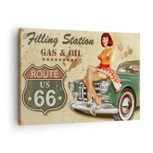 Cuadro sobre lienzo - Impresión de Imagen - Póster retro de la Ruta 66 con chica pin-up y coche. - 70x50cm - Los gloriosos años 40 - Decoración de pared moderna para salón y dormitorio ARTTOR