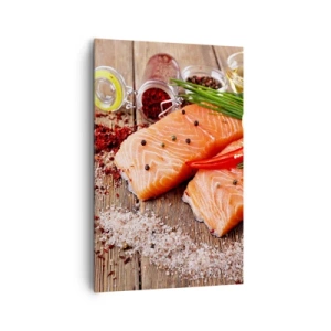 Cuadro sobre lienzo - Impresión de Imagen - Filetes de salmón con especias sobre fondo de madera. - 80x120cm - Una aventura noruega en la cocina - Decoración de pared moderna para salón y dormitorio ARTTOR