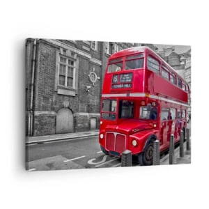 Cuadro sobre lienzo - Impresión de Imagen - Un autobús rojo de dos pisos en Londres con un fondo de arquitectura clásica. - 70x50cm - El mismo de siempre - Decoración de pared moderna para salón y dormitorio ARTTOR