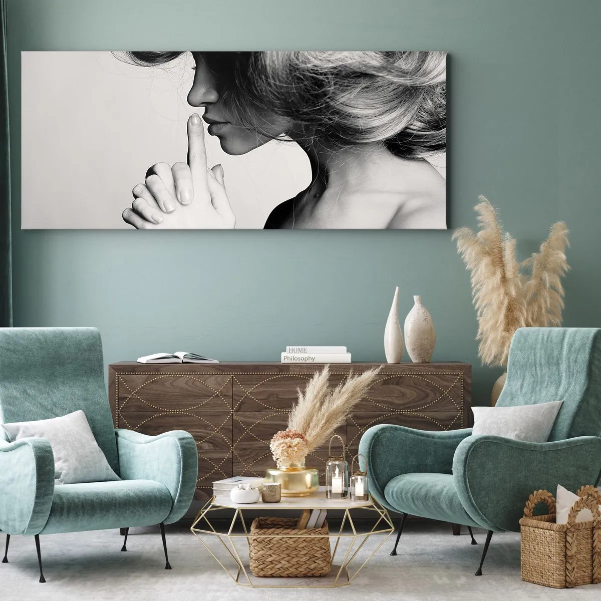 Cuadro sobre lienzo - Impresión de Imagen - Perfil en blanco y negro de una mujer haciendo un gesto de silencio. - 120x50cm - Escucharme a mí misma - Decoración de pared moderna para salón y dormitorio ARTTOR