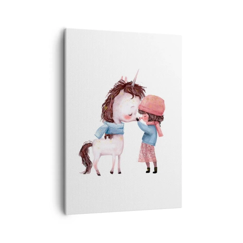 Cuadro sobre lienzo - Impresión de Imagen - Una niña y un unicornio en un paisaje invernal. - 50x70cm - Un cuento de invierno - Decoración de pared moderna para salón y dormitorio ARTTOR