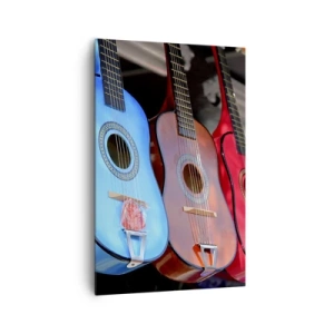 Cuadro sobre lienzo - Impresión de Imagen - Guitarras acústicas de colores cuelgan en fila en exhibición - 80x120cm - Estilo latino - Decoración de pared moderna para salón y dormitorio ARTTOR