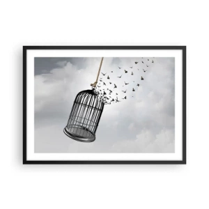 Póster en marco negro - Pájaros volando desde una jaula contra el cielo. - 70x50cm - Fe... Esperanza... ¡Libertad! - Decoración de pared moderna para salón y dormitorio ARTTOR