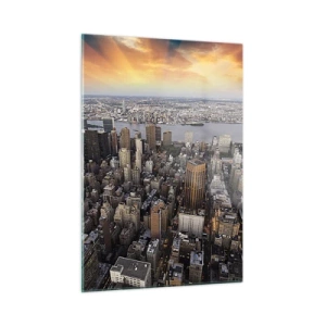 Cuadro sobre vidrio - Impresiones sobre Vidrio - Panorama de la ciudad con vistas a los rascacielos al atardecer - 50x70cm - El corazón palpitante de nuestro tiempo - Decoración de pared moderna para salón y dormitorio ARTTOR
