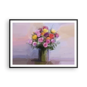 Póster en marco negro - Un ramo de rosas de colores en un jarrón de cristal. - 100x70cm - Belleza inmortalizada - Decoración de pared moderna para salón y dormitorio ARTTOR
