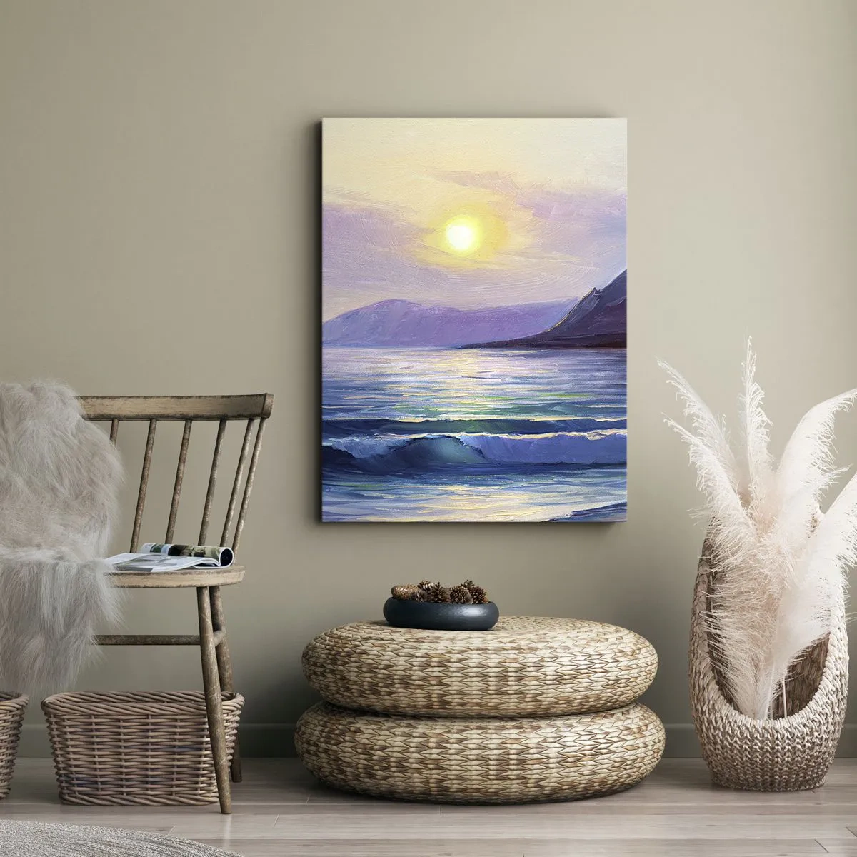 Cuadro sobre lienzo - Impresión de Imagen - Un pintoresco paisaje marino al atardecer con olas y montañas. - 80x120cm - Cristal de agua y aire - Decoración de pared moderna para salón y dormitorio ARTTOR