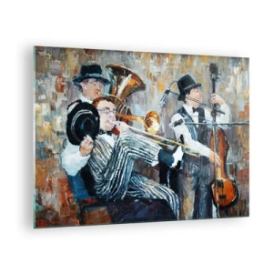 Cuadro sobre vidrio - Impresiones sobre Vidrio - Una banda de jazz en una escena impresionista atmosférica. - 70x50cm - Todo ese jazz - Decoración de pared moderna para salón y dormitorio ARTTOR