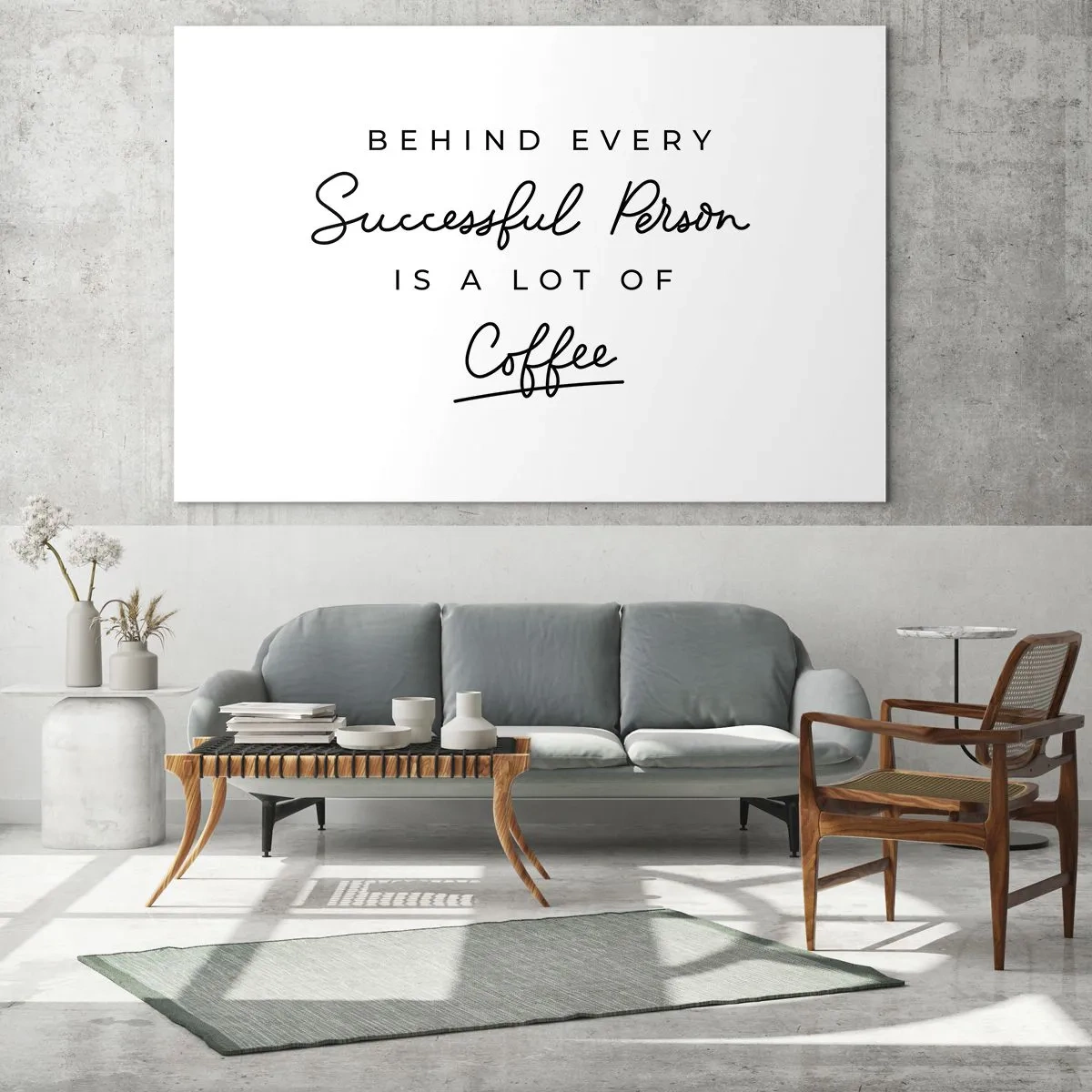 Cuadro sobre vidrio - Impresiones sobre Vidrio - Una cita motivacional sobre el éxito y el café en un estilo minimalista. - 120x80cm - El secreto del éxito - Decoración de pared moderna para salón y dormitorio ARTTOR