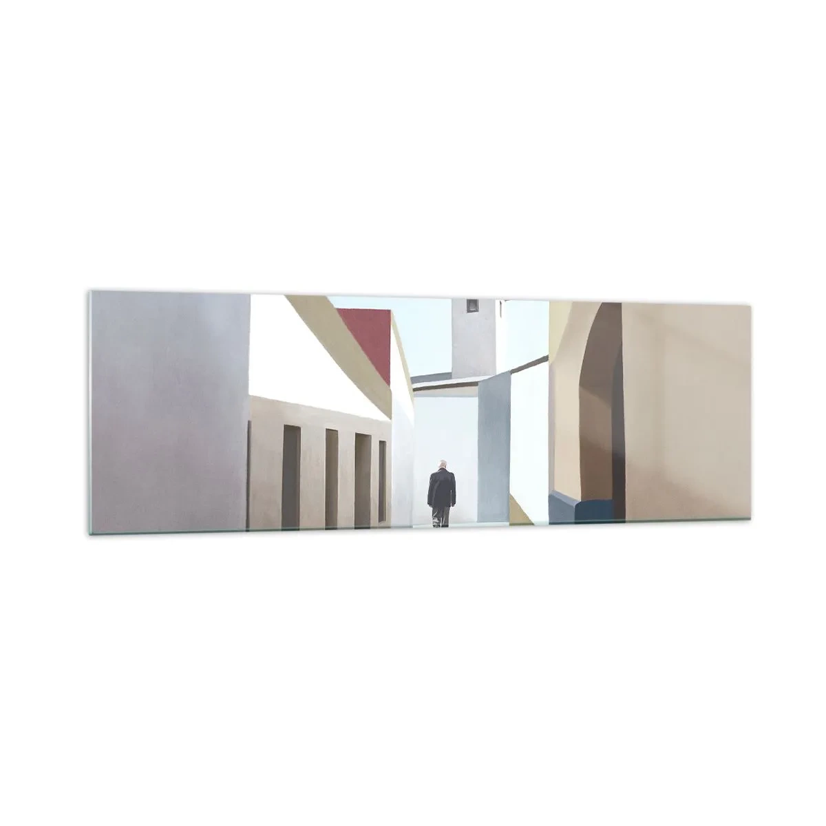 Cuadro sobre vidrio - Impresiones sobre Vidrio - Una calle minimalista con la silueta de un hombre al fondo. - 160x50cm - Paseo soleado - Decoración de pared moderna para salón y dormitorio ARTTOR