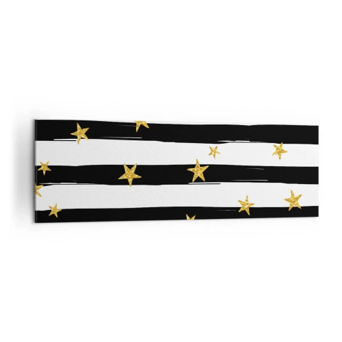 Cuadro sobre lienzo - Impresión de Imagen - Rayas blancas y negras con estrellas doradas - 160x50cm - Todos hemos nacido bajo una estrella de la suerte - Decoración de pared moderna para salón y dormitorio ARTTOR