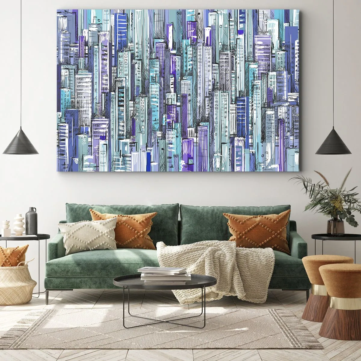 Cuadro sobre lienzo - Impresión de Imagen - Ilustración de una ciudad con edificios geométricos en tonos azules y morados. - 100x70cm - Azul del cielo - Decoración de pared moderna para salón y dormitorio ARTTOR